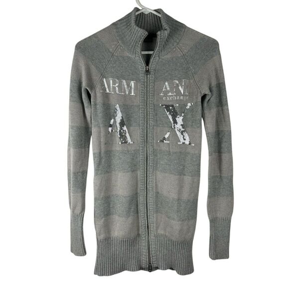 Armani Exchange S Grey Striped Zip Up Mock Neck Sweater Long Sleeve Sparkle Logo - Picture 1 of 9